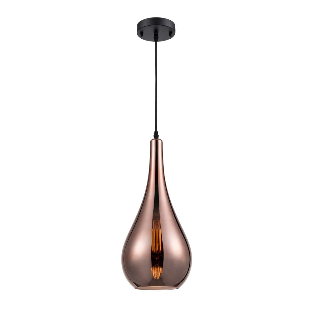 Sleek, slim copper glass pendant, a beautiful colour. perfect island pendant. Long teardrop design, contemporary. These jewelled coloured lights are perfect over a kitchen island.