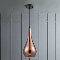 Sleek, slim copper glass pendant, a beautiful colour. perfect island pendant. Long teardrop design, contemporary. These jewelled coloured lights are perfect over a kitchen island.

