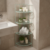 A light blue corner shelving in a bathroom