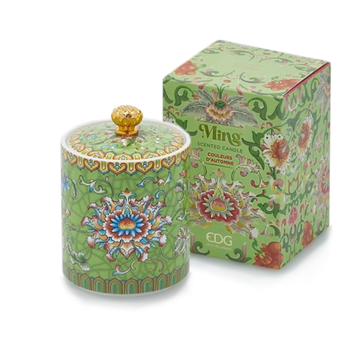Handcrafted green ceramic scented candle jar with gold detailing and floral pattern, scented with warm amber, florals, and woods.