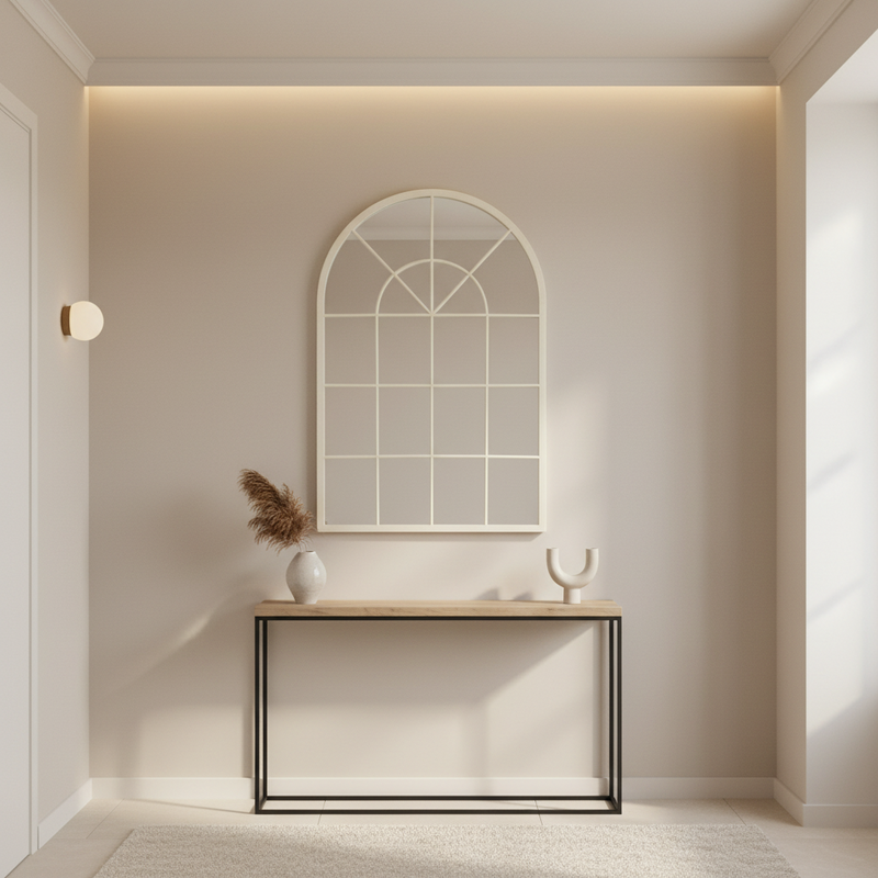 Cream arched window mirror in a hallway