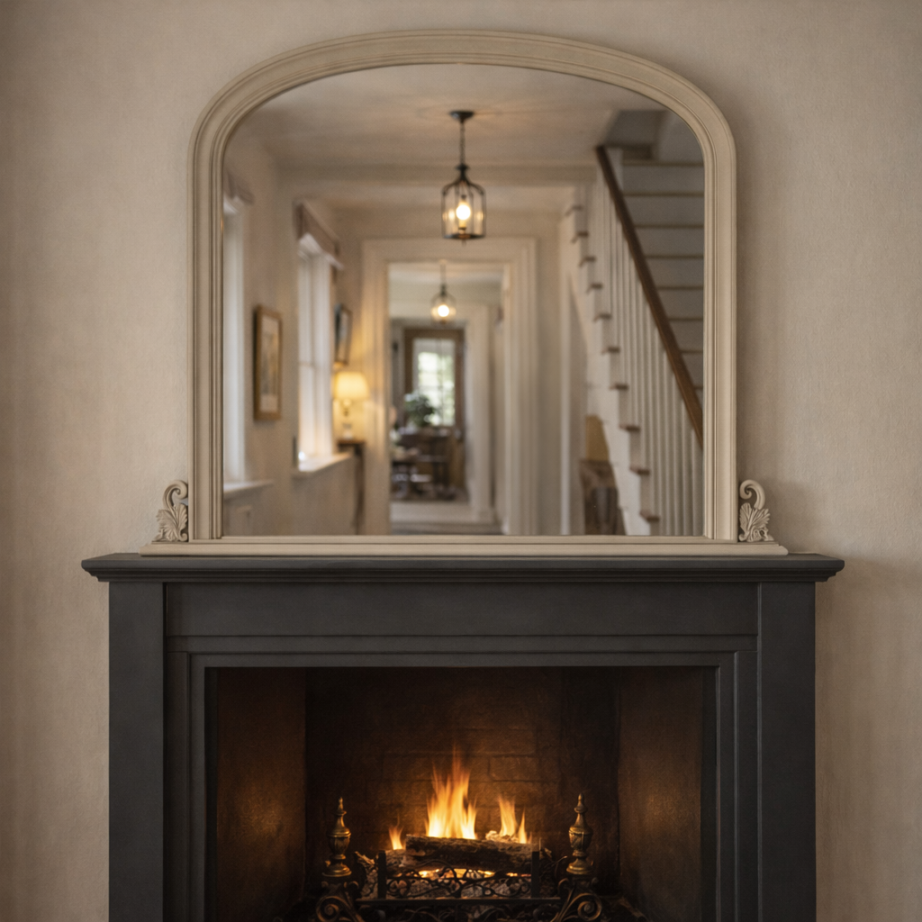 Cream overmantle mirror showing over a dark fireplace in a traditional room setting