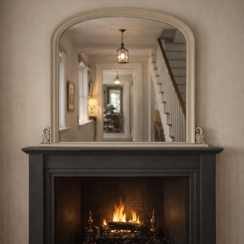 Cream overmantle mirror showing over a dark fireplace in a traditional room setting
