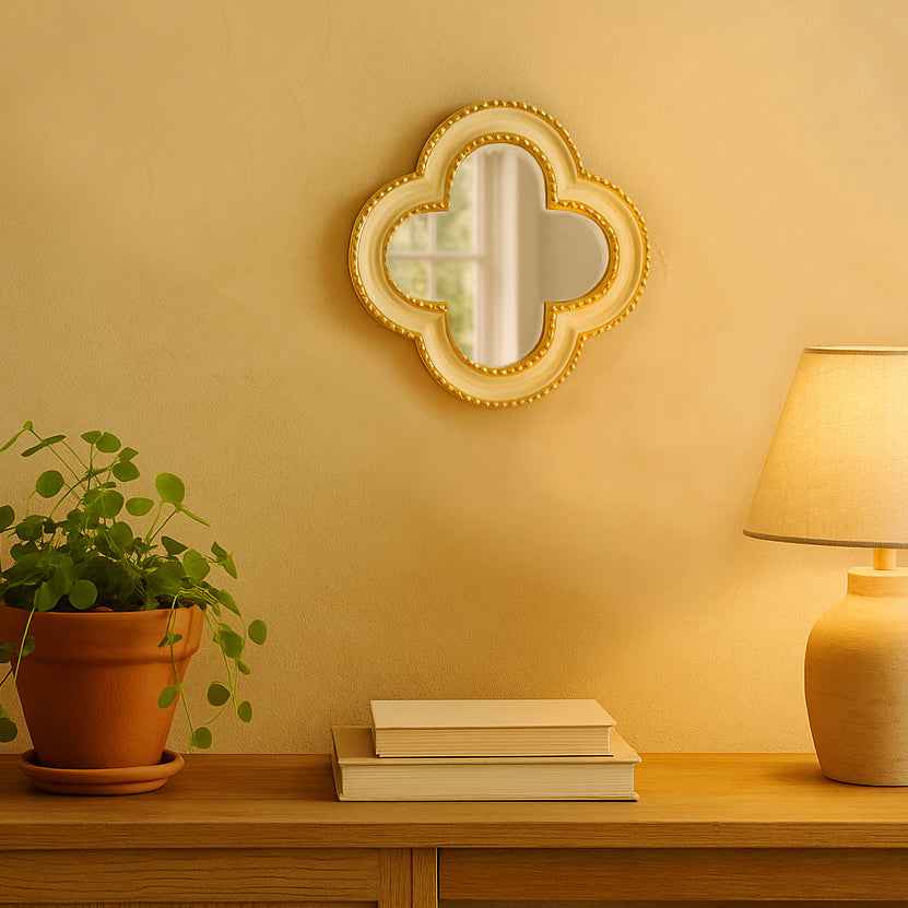 Cream quatrefoil mirror with gold beading frame in home decor