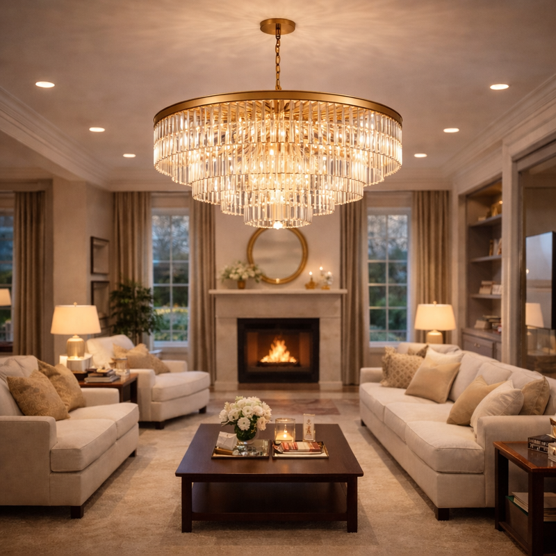 Six tier gilt chandelier in a luxury sitting room, with fireplace, mirror and comfortable furniture.