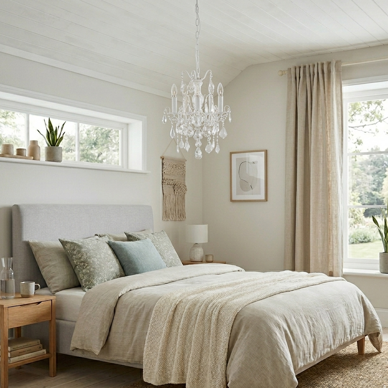 White five branch French chandelier hanging above a bed in a Scandi style bedroom.