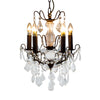 French bronze five-arm crystal chandelier with ornate frame and crystal droplets.