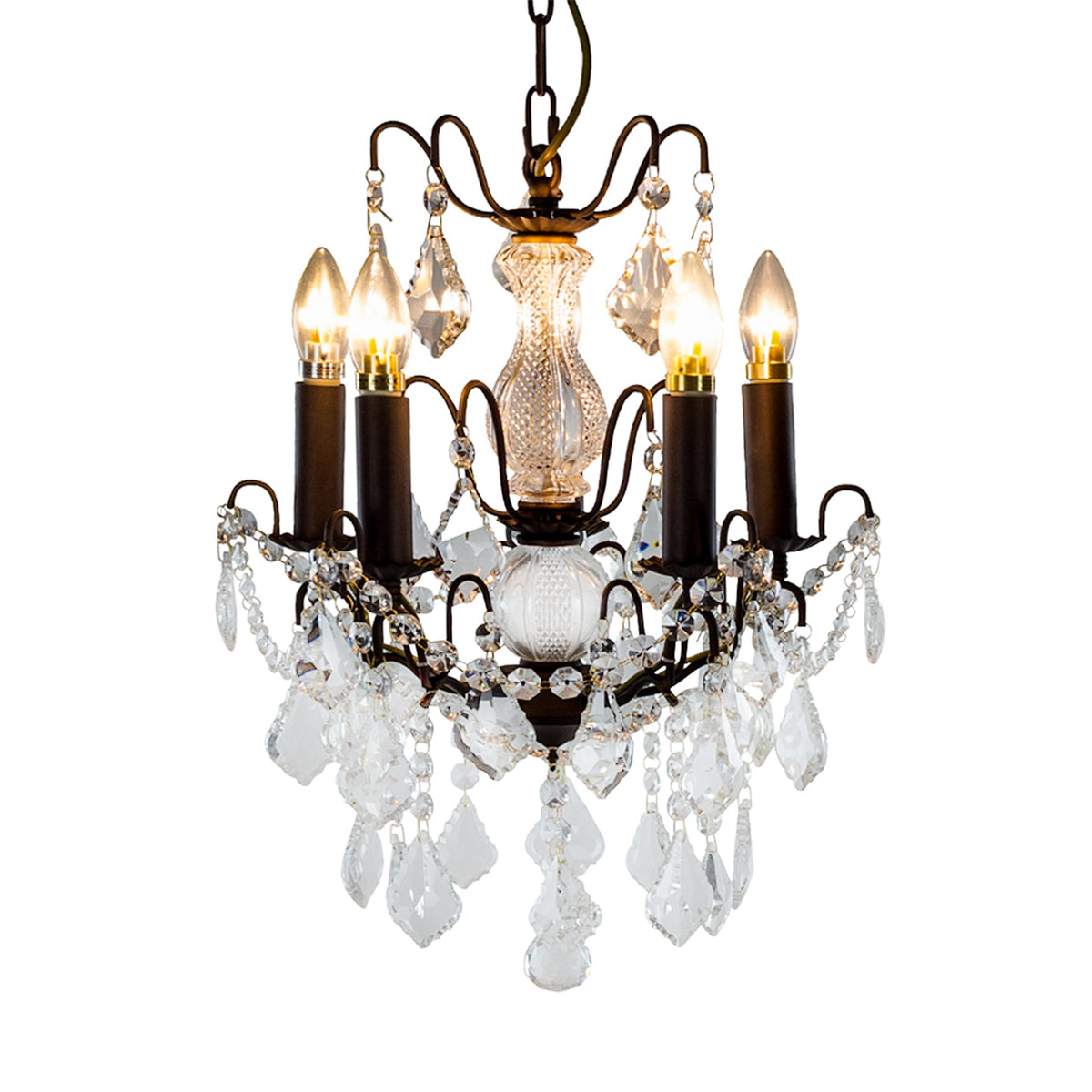 French bronze five-arm crystal chandelier with ornate frame and crystal droplets.