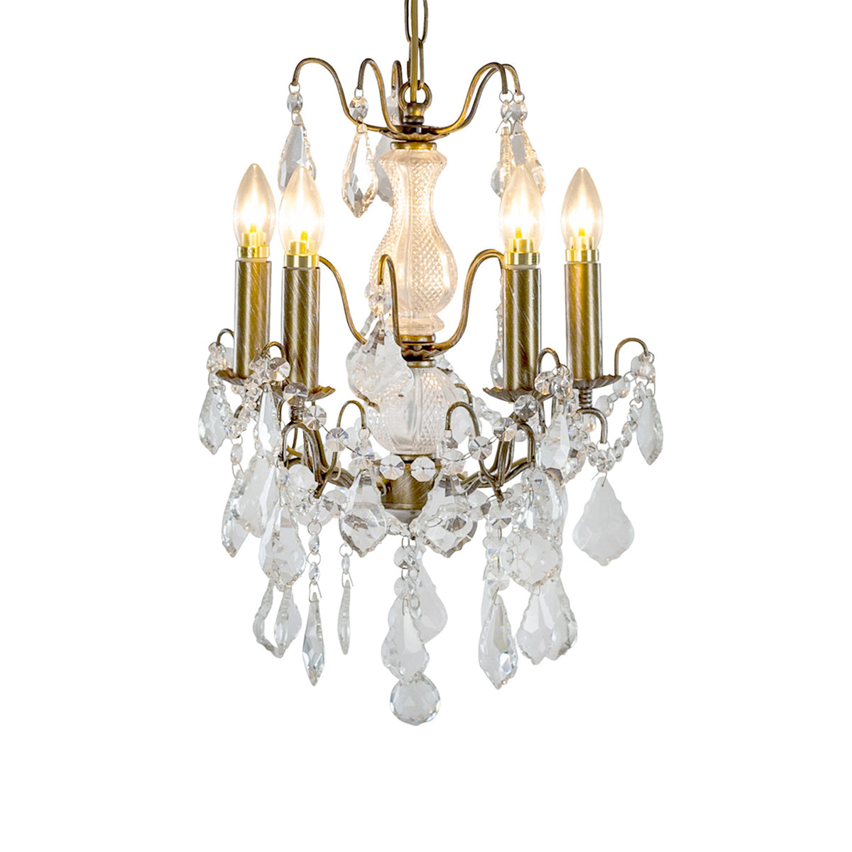 French gold five-arm crystal chandelier with faceted crystal droplets.