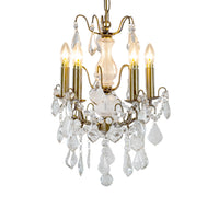 French gold five-arm crystal chandelier with faceted crystal droplets.
