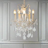 French white five-arm crystal chandelier with faceted crystal droplets in living room