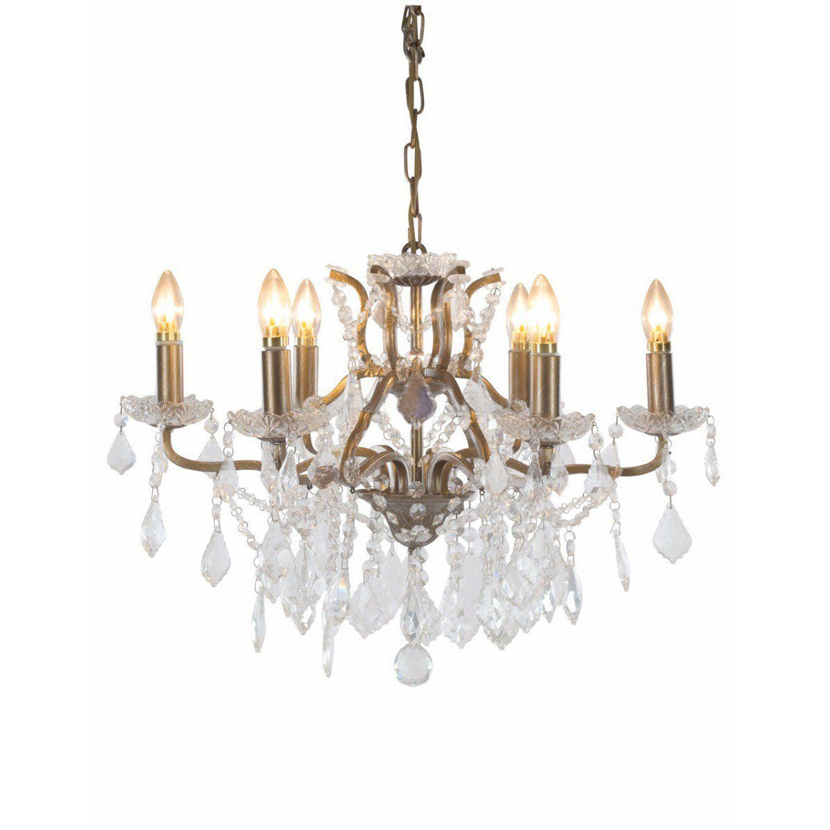 Gold six-arm shallow crystal chandelier with faceted crystal drops.