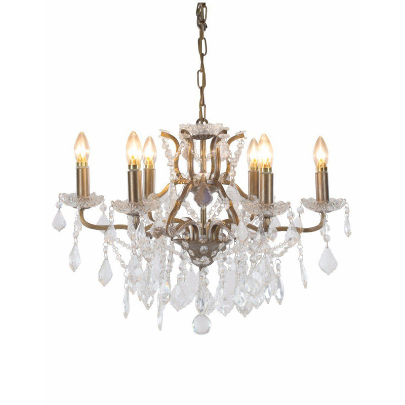 Gold six-arm shallow crystal chandelier with faceted crystal drops.
