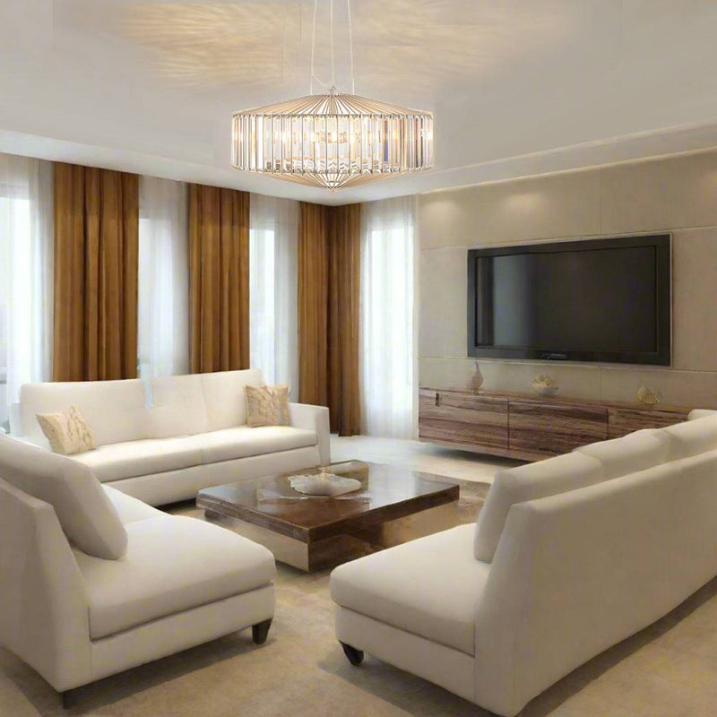 Exquisite, crystal and nickel chandelier, pendant. Absolute luxury, the perfect, simple addition to an room with an art deco feel. The ceiling rod is adjustable.