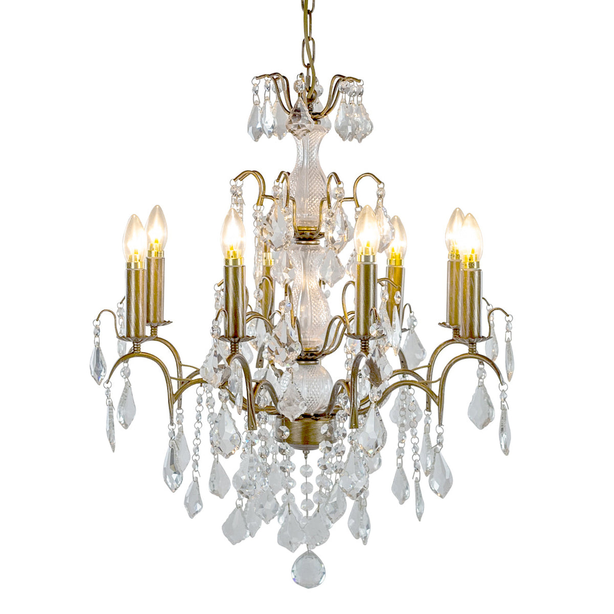 French-style gold eight-arm crystal chandelier with cascading crystal drops.