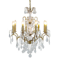 French-style gold eight-arm crystal chandelier with cascading crystal drops.