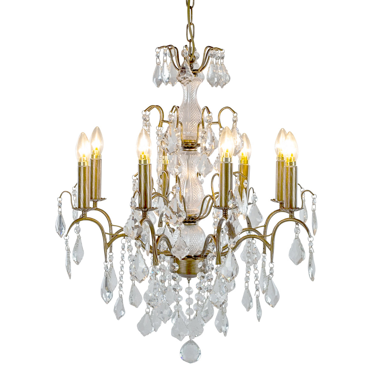 French-style gold eight-arm crystal chandelier with cascading crystal drops.