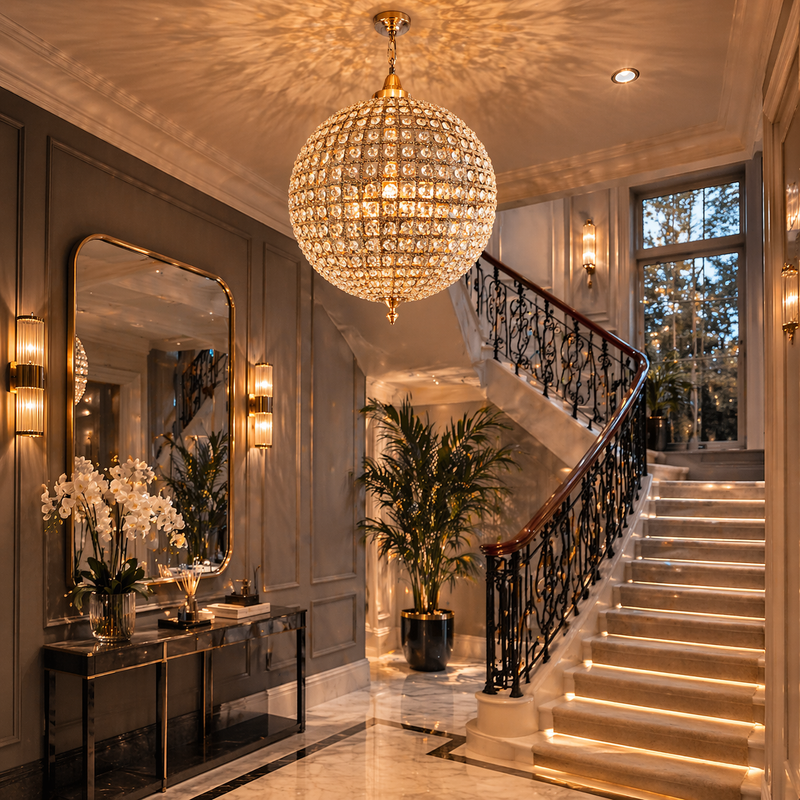 Luxurious staircase with crystal chandelier, mirror, and decorative elements.
