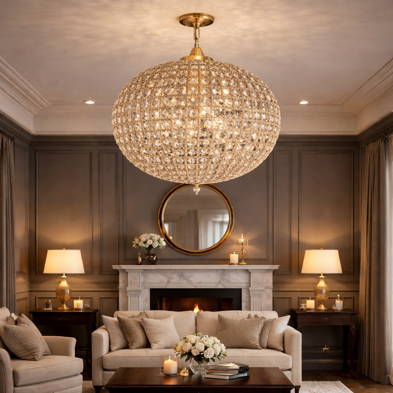 Luxurious oversize crystal globe pendant in a classic sitting room with elegant, fireplace and cosy furniture.