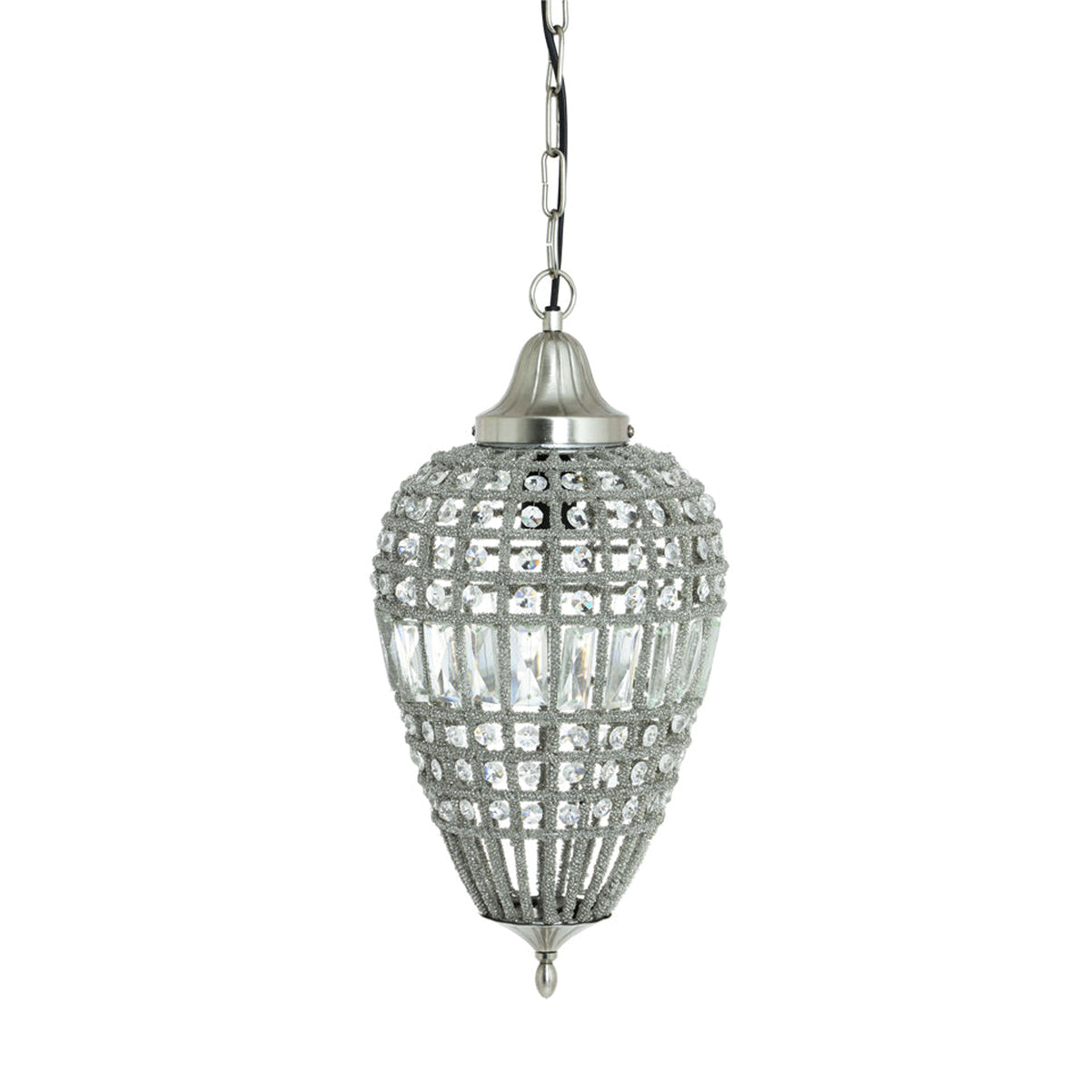 Available in two sizes long crystal and nickel teardrop pendants .