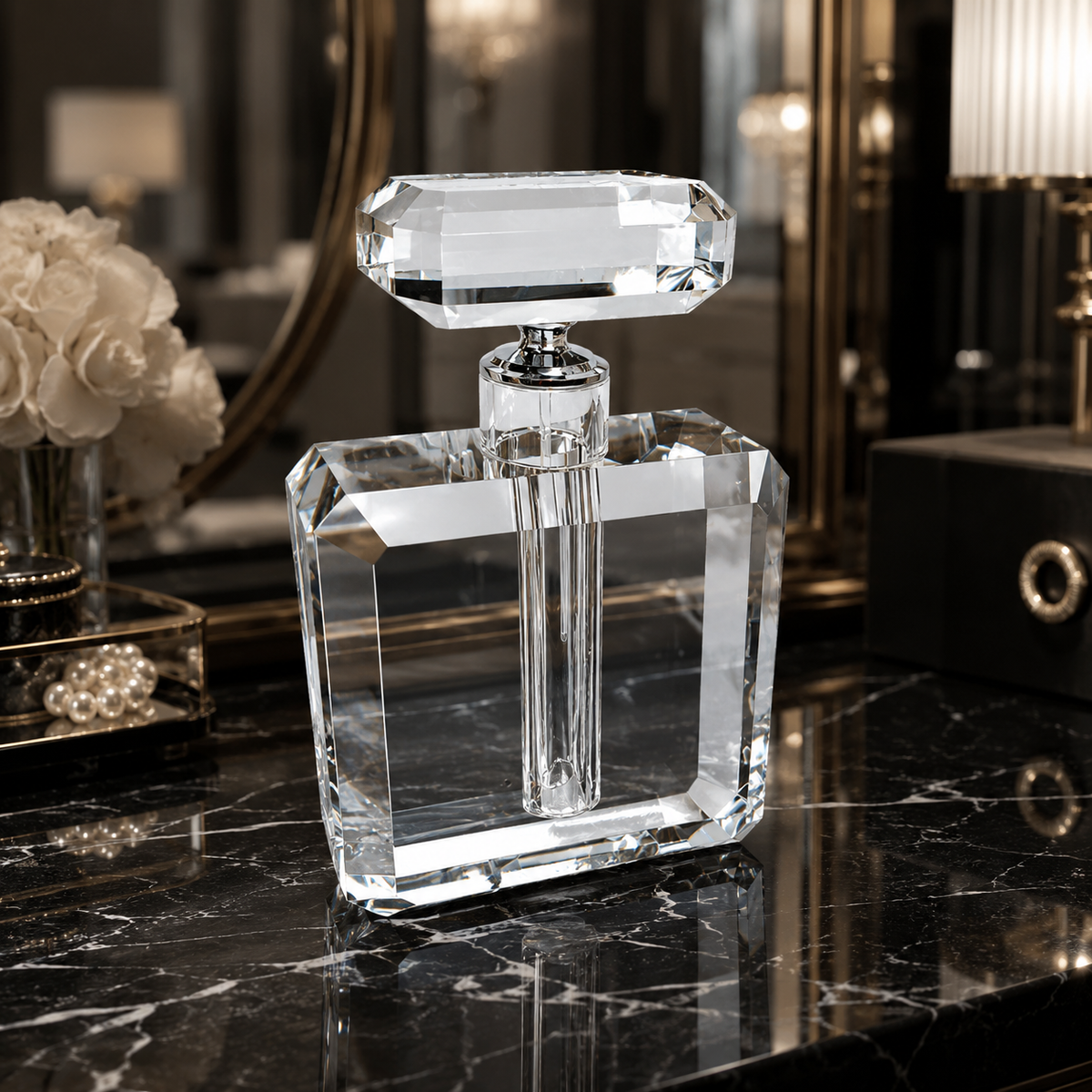 Stunning, oversize crystal perfume bottle on a black marble table top in a luxury dressing room.