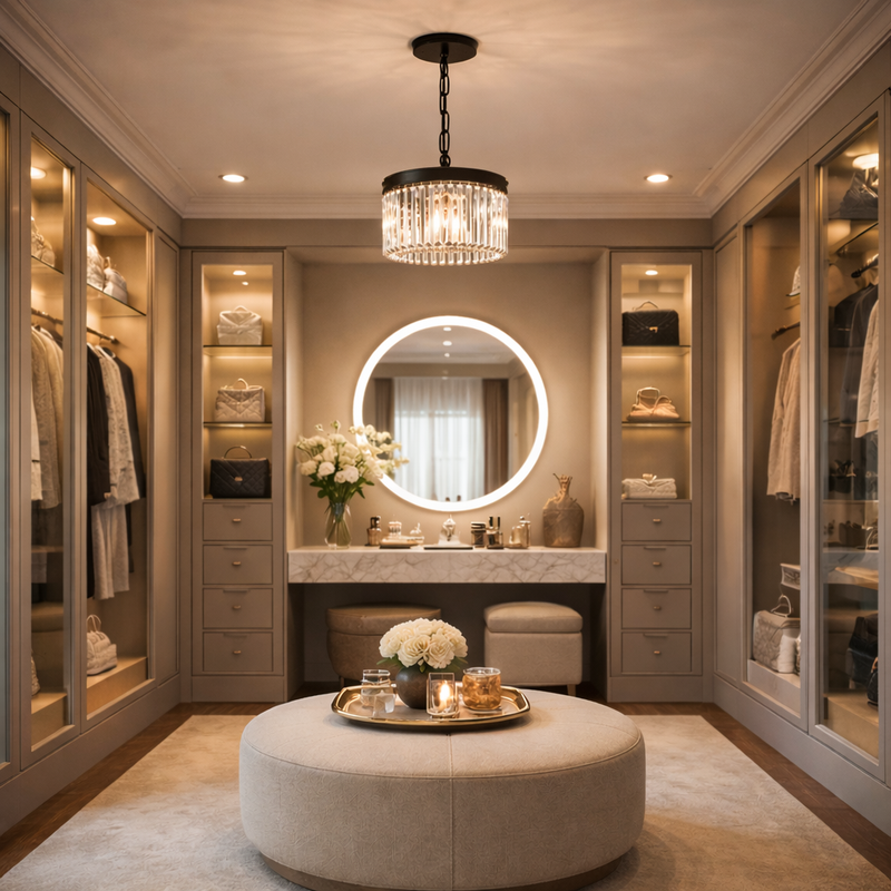 Luxurious walk-in closet with round mirror, chandelier, and round ottoman.