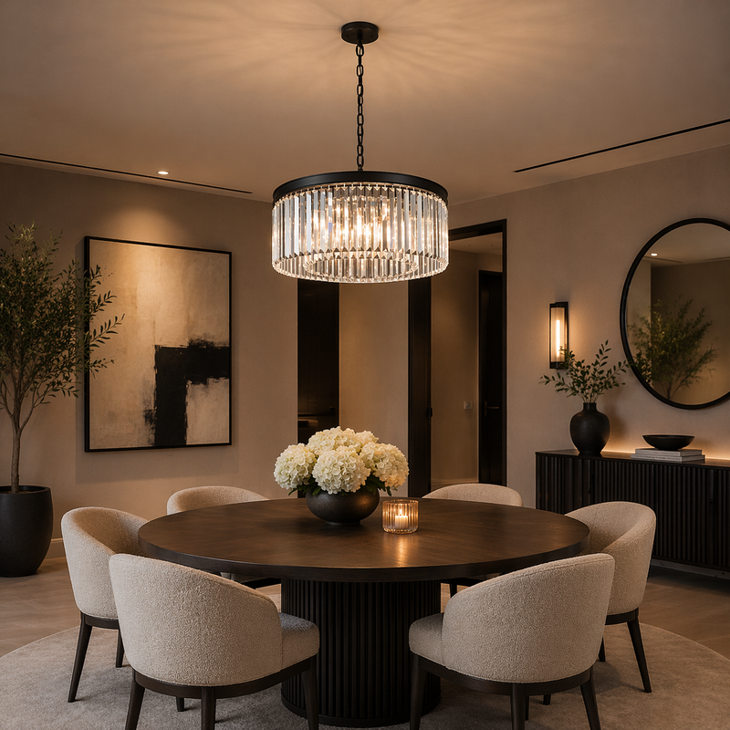 Dining room with a round table, chairs, and a chandelier.
