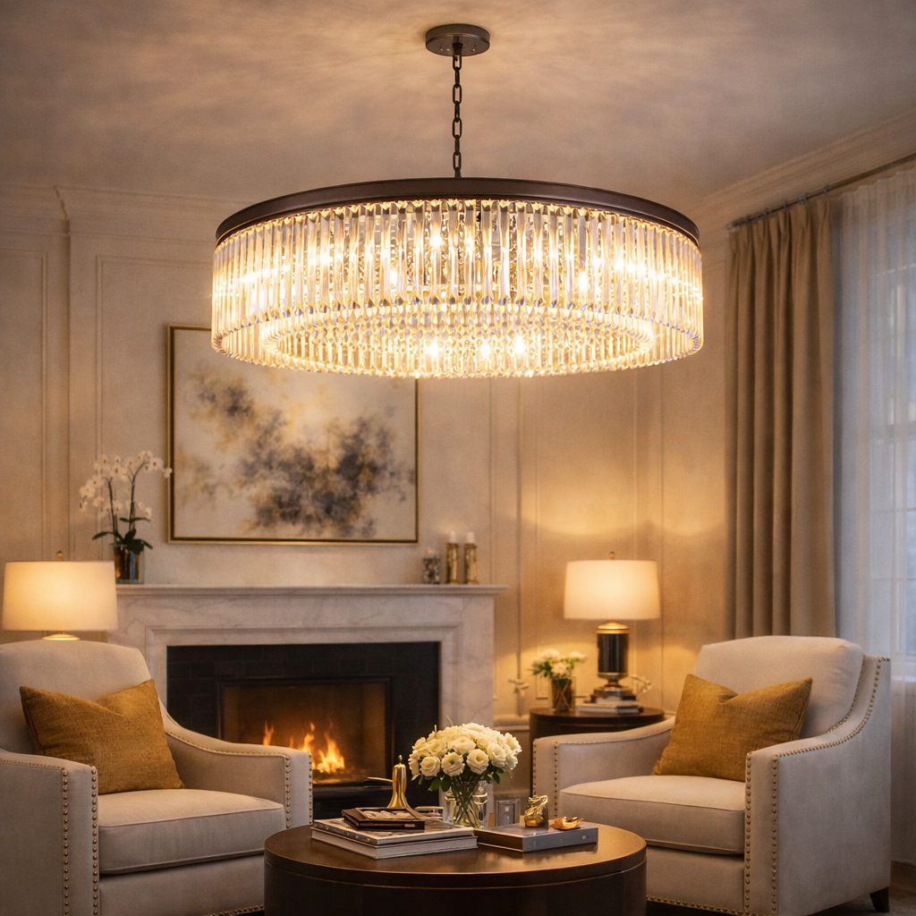 Luxurious living room with a chandelier, fireplace, and armchairs.
