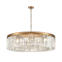 This chandelier pairs a smooth gold band with rows of shimmering prism-cut crystals, creating a striking, luxurious glow. With its impressive 100 cm width