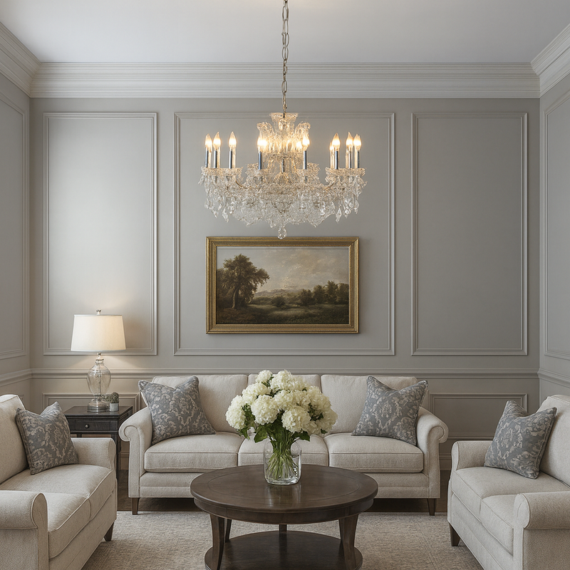 This grand twelve-arm chandelier blends a silver frame with layers of sparkling crystals, creating a soft, romantic glow that brings elegance to any room.