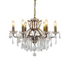 Six-arm bronze chandelier with crystal droplets and candle-style bulbs, hanging from a bronze chain.