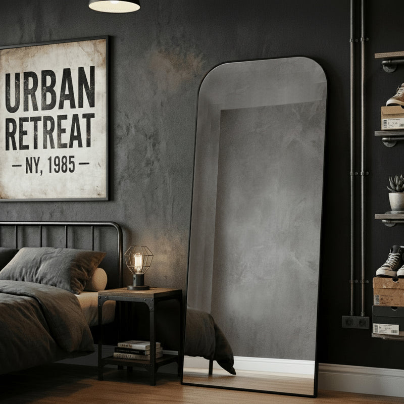 Tall black framed full-length mirror with rounded corners leaning against a dark wall in a modern industrial bedroom.