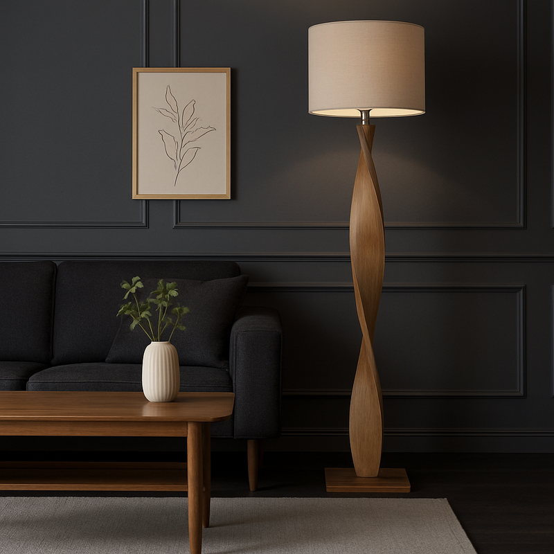Pale wooden curved floor lamp, great in a Scandi interior. The design is exceptional in a living room or hall the pale linen shade allows light to our out.