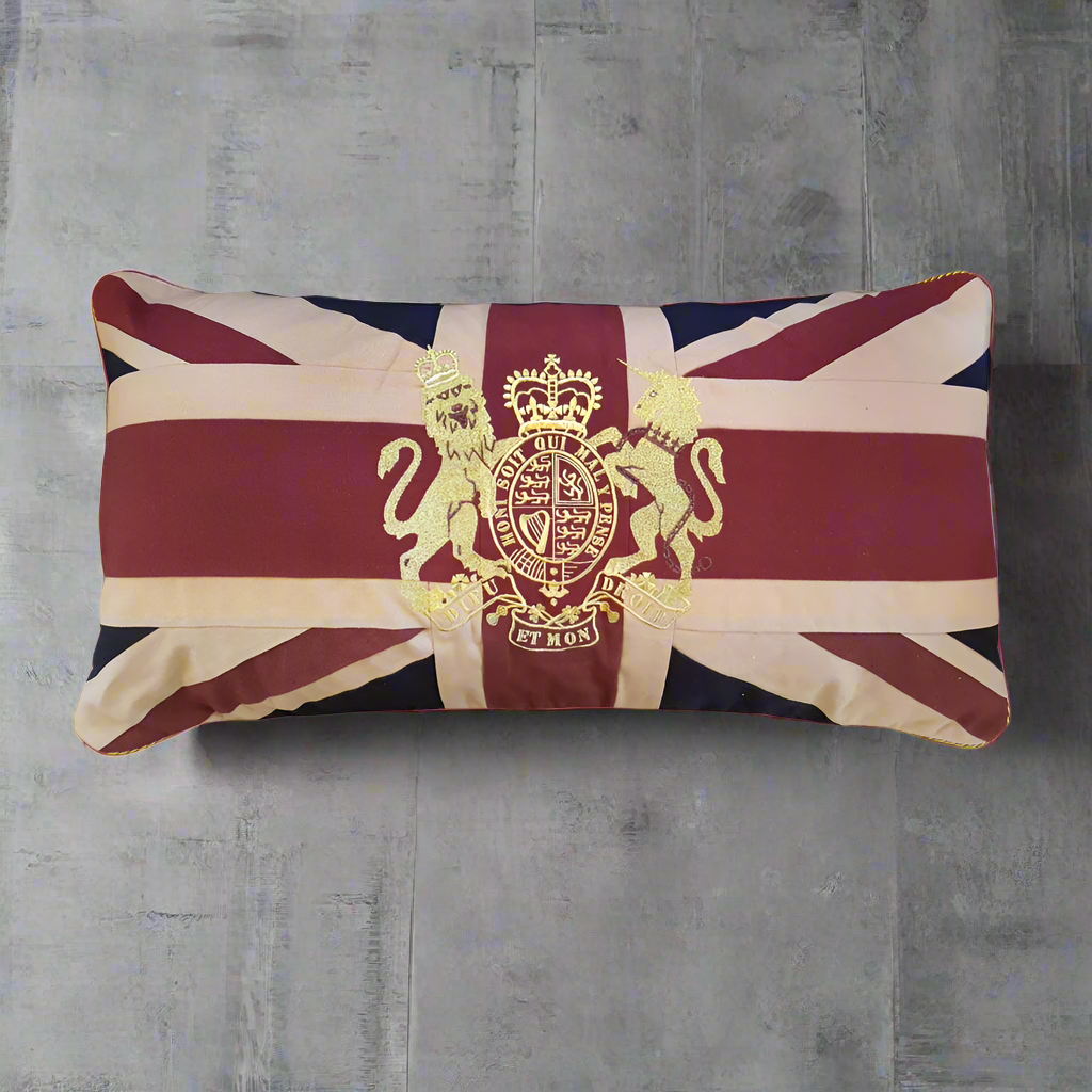 A large rectangular, crested Union Jack cushion, to give a British feel to your decor. A statement cushion along the back of your sofa, beautifully made and finished in linen, these cushions are made to last.