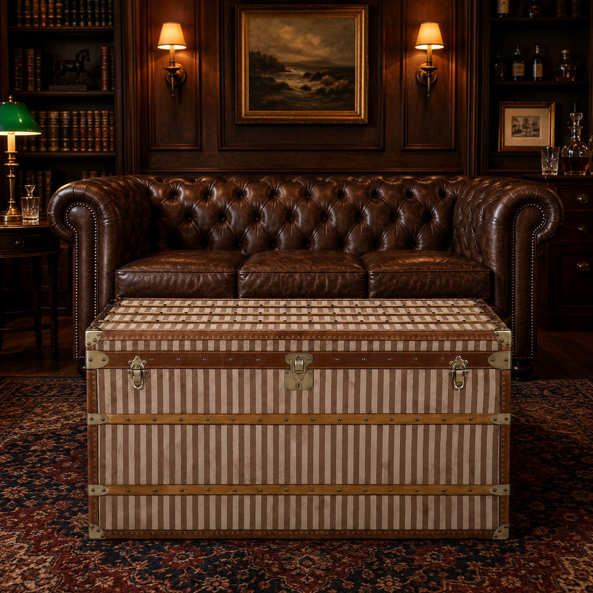 Vintage striped steamer trunk with brown trim and brass fittings in a library room