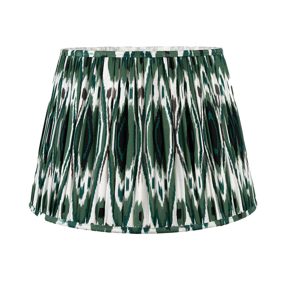 Dark Green Pleated Lamp Shade. Large, patterned, pleated shade in a dark green and white colouring.