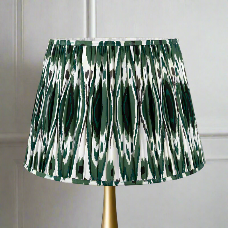 Dark Green Pleated Lamp Shade. Large, patterned, pleated shade in a dark green and white colouring.