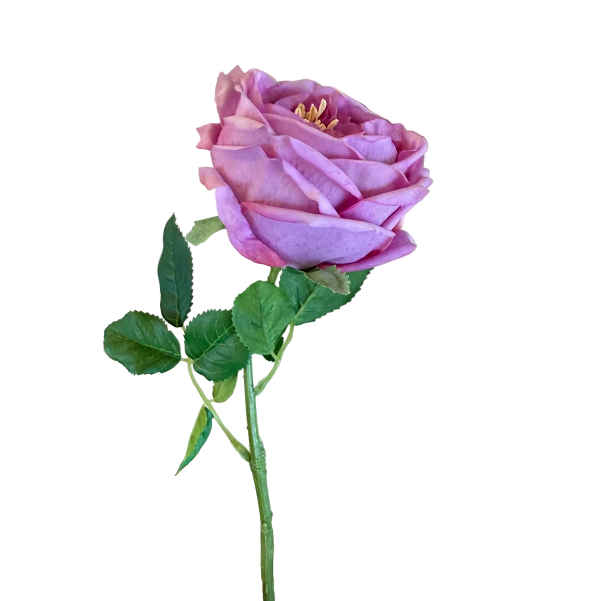 This ultra-realistic artificial dark pink rose features rich, velvet-like petals and a vibrant green stem with textured leaves.