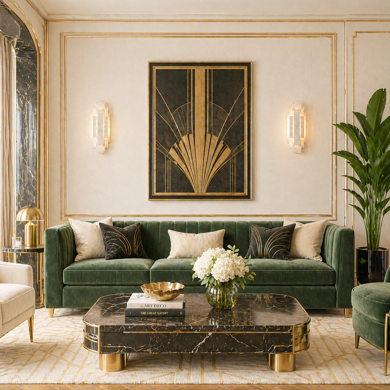 Luxurious living room with a green velvet sofa, marble coffee table, and decorative wall art.