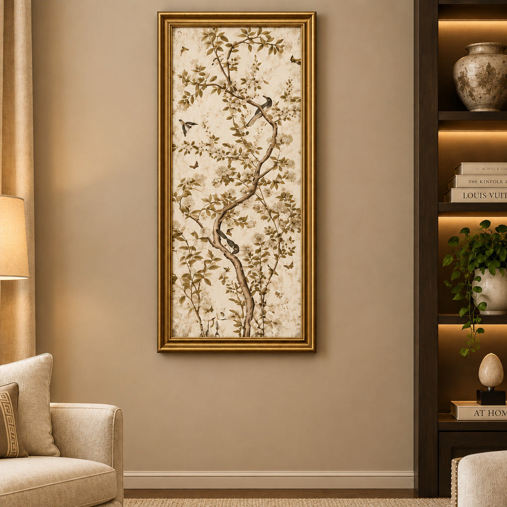 A tall framed wall art piece with a gold border. The artwork shows delicate tree branches with leaves and small birds in soft beige, brown.