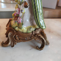 Pair of bronze and coloured porcelain parrot candle holders on ornate bases.