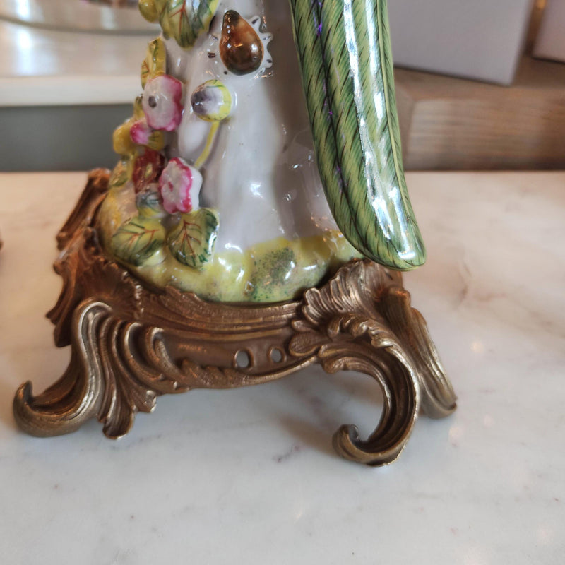 Pair of bronze and coloured porcelain parrot candle holders on ornate bases.
