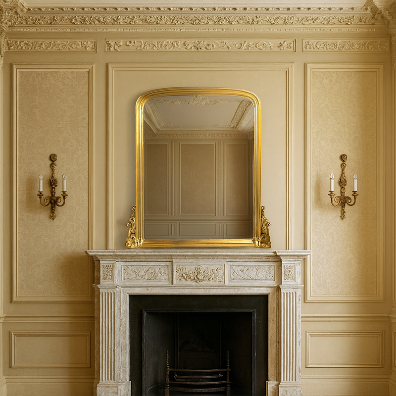 Antique giltwood overmantle mirror with arched top and ornate scrollwork base, finished in aged gold leaf, styled for traditional fireplace décor.