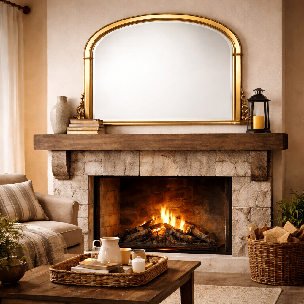 Cozy living room with stone fireplace, wooden mantel, and decorative items.
