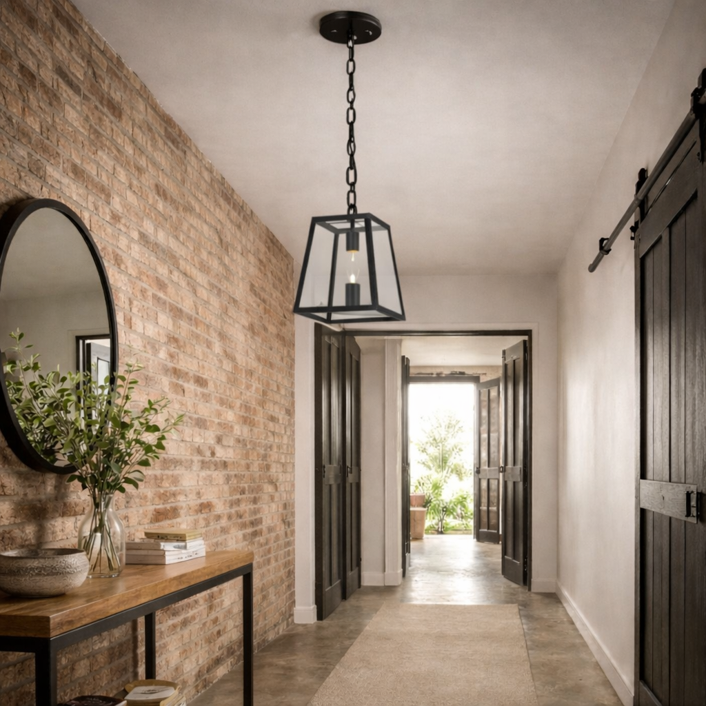 Modern hallway with brick wall, wooden console table, and pendant light.