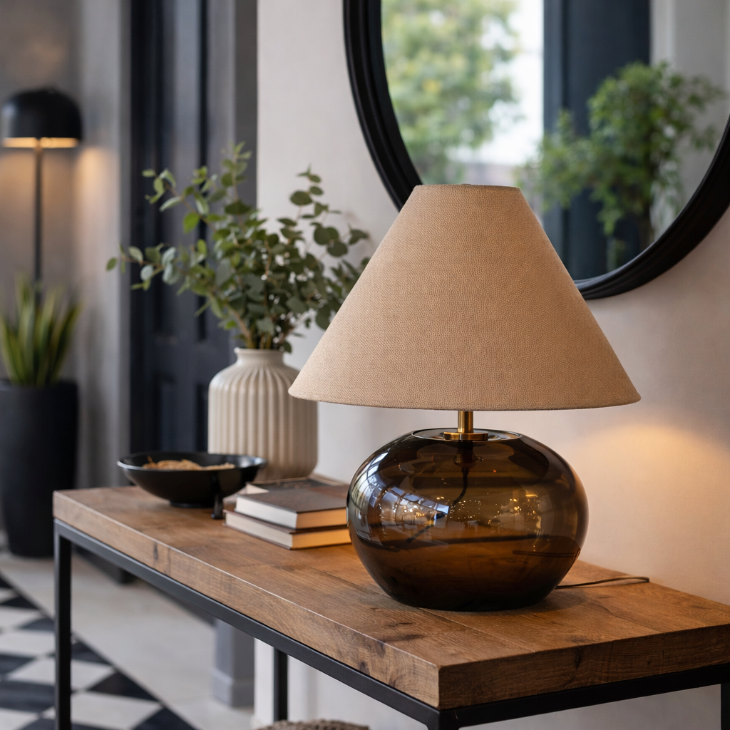 Smoked glass table lamp with rounded glass base and linen shade on wooden surface