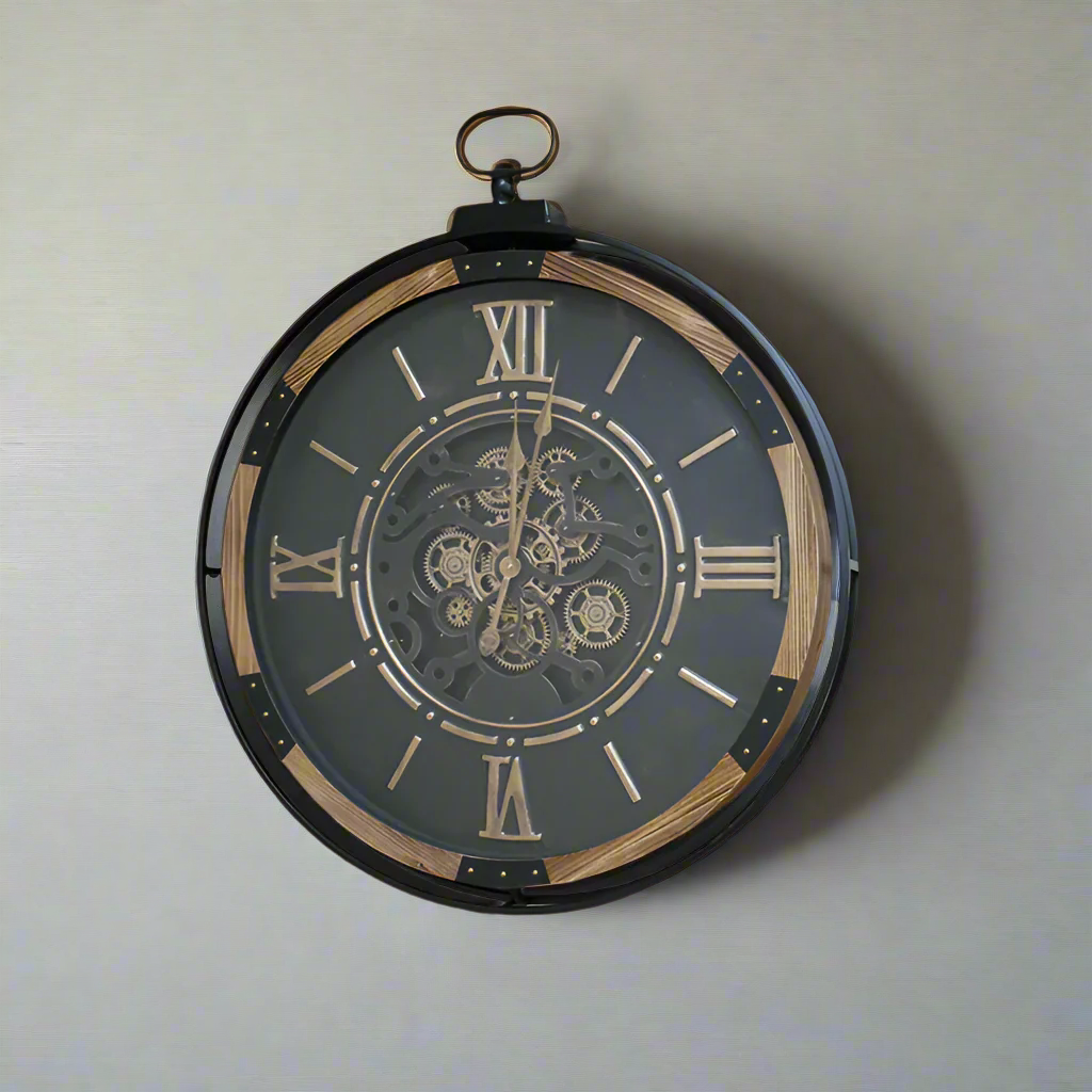 Large moving cog clock  in black, wood and metal frame. Industrial clock for a hall or kitchen