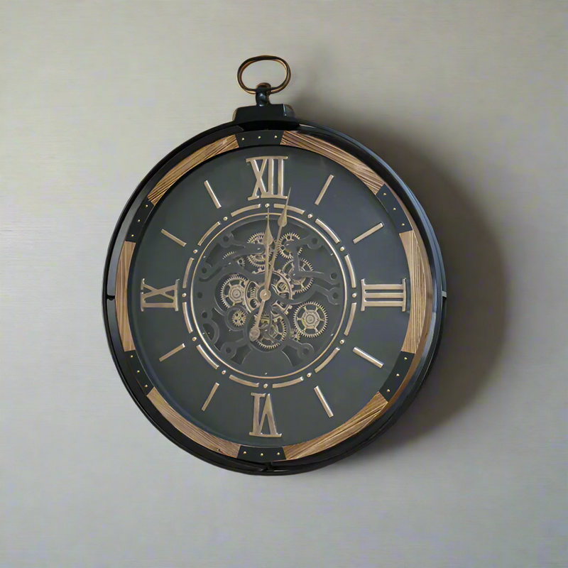 Large moving cog clock  in black, wood and metal frame. Industrial clock for a hall or kitchen