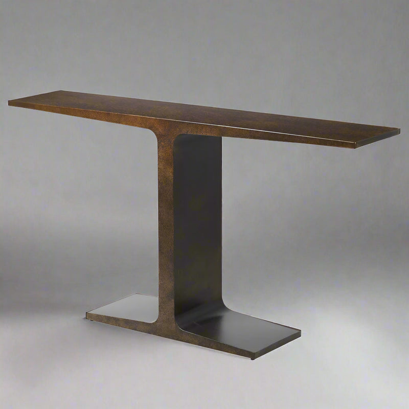 Possibly the most industrial table ever, this bronze sculptural console has an absolutely perfect industrial appeal.&nbsp; This would work well in an urban setting in a hall or entryway with a massive metal mirror and industrial style lamps - what a statement !!&nbsp; The metal is iron with a bronze patina in deep brown.&nbsp; It is rare to find furniture that is sleek and uncomplicated a real accent piece that would set the tone for the rest of the interior.

H: 87 cm W: 160 cm D: 31 cm&nbsp;