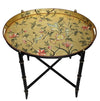 Hand-painted Chinoiserie gilt tray on black folding stand with birds and floral design by Decorexi.